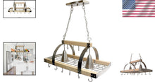 Load image into Gallery viewer, Elegant Ceiling-Mounted Wood Pot Rack with 2 Lights - Perfect Kitchen Organizer