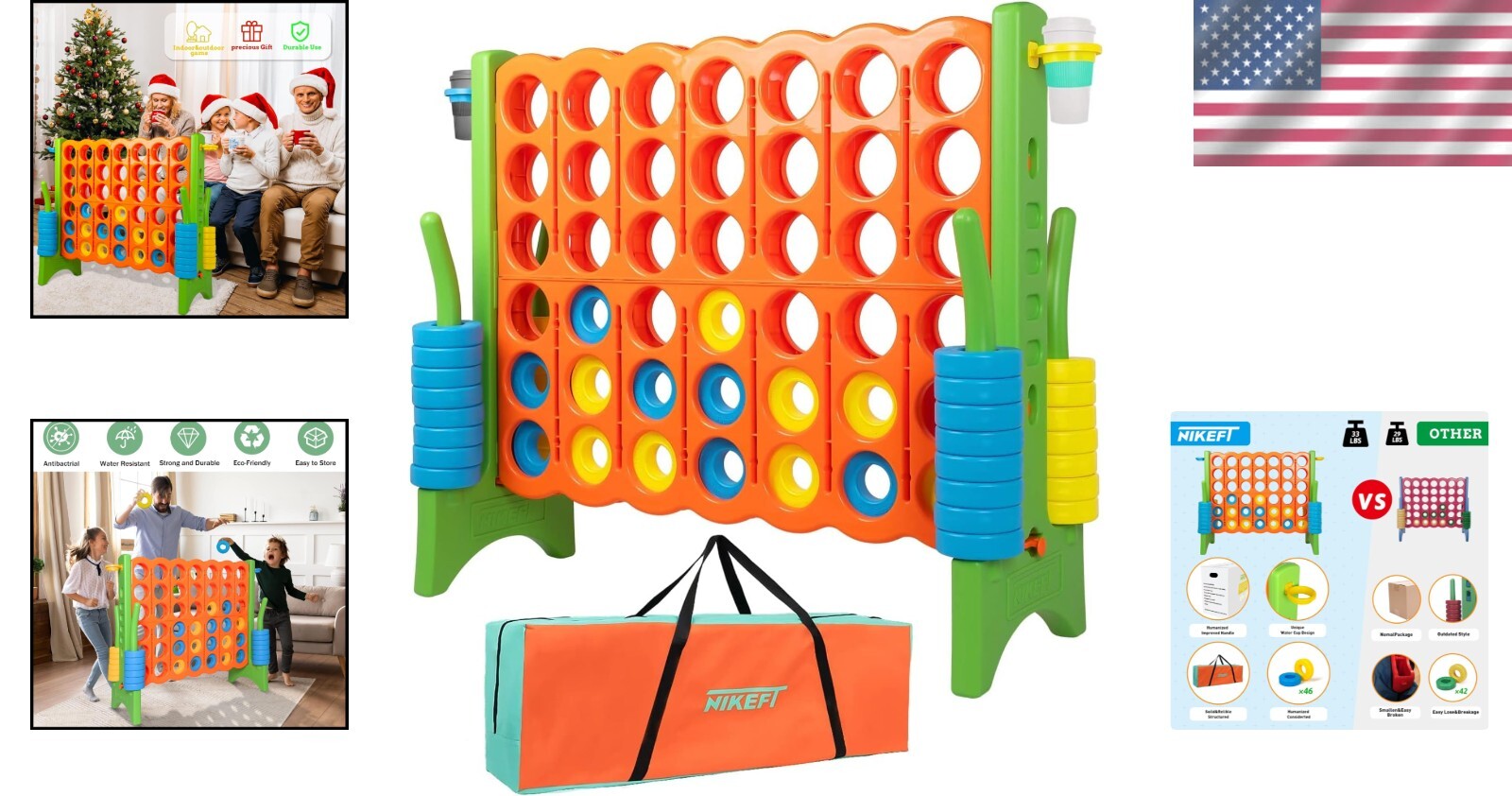 48" Jumbo 4-in-a-Row Game Set with 44 Rings & Drink Holder - Family Fun!