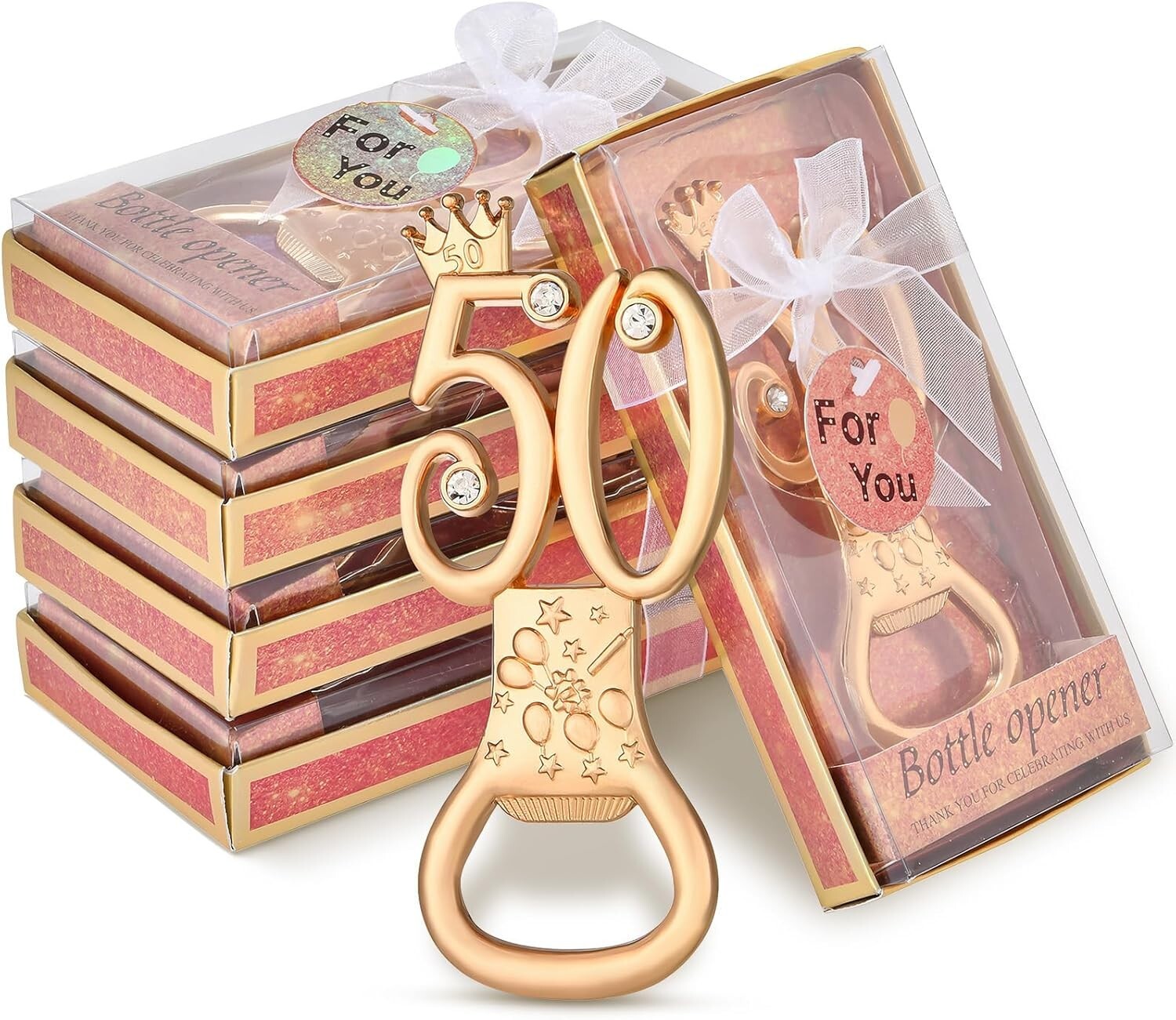 Elegant 50th Anniversary Bottle Openers - Rose Gold with Rhinestones, 50 Pcs Set