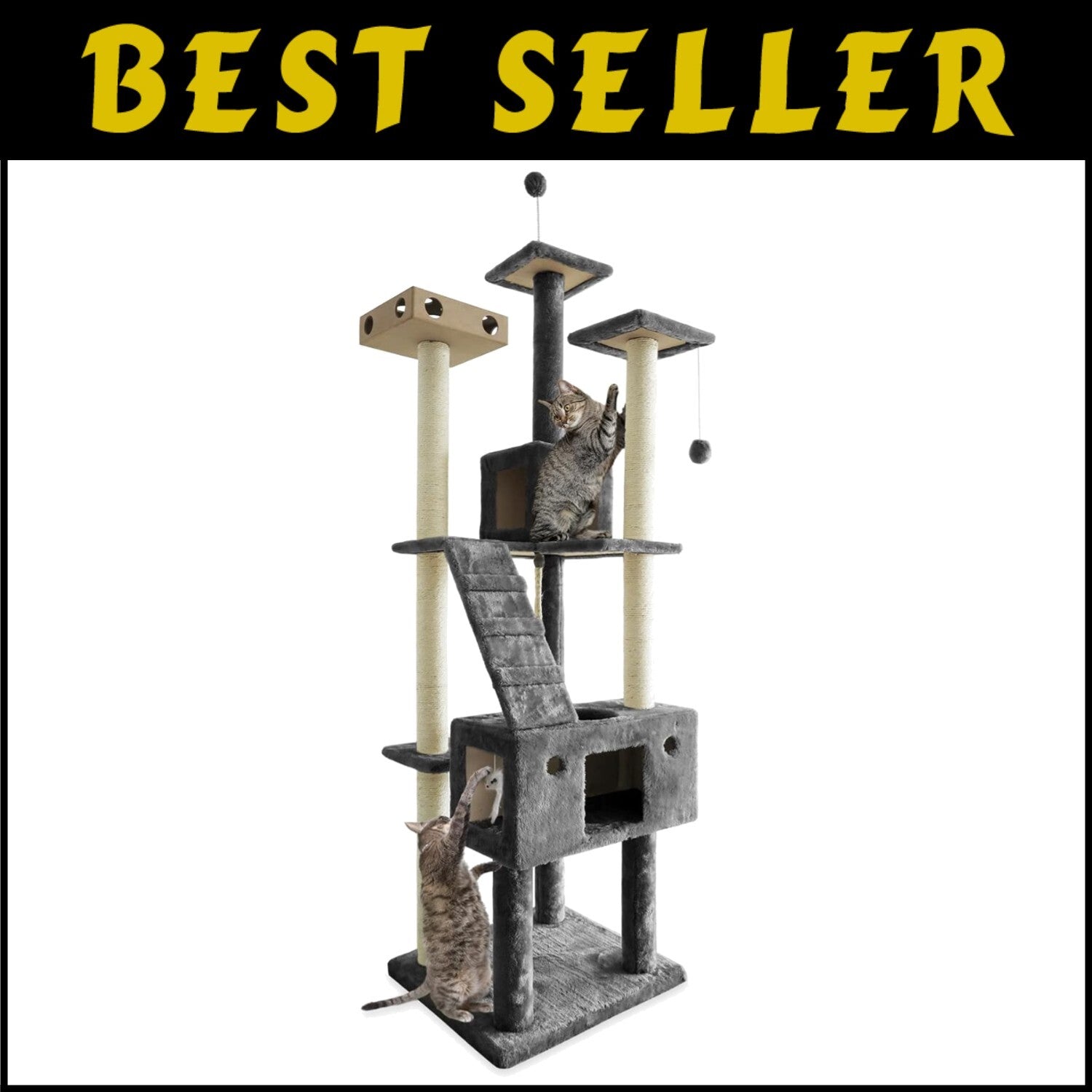 Interactive 69.3" Tall Cat Playground Tower with Toys & Condos in Silver Gray