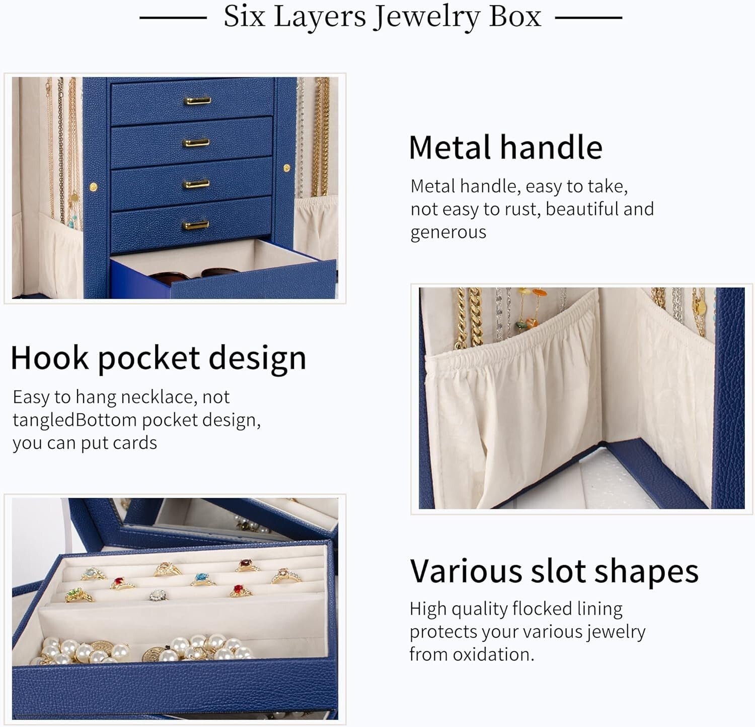 Elegant Lockable Jewelry Organizer with Large Mirror & 6 Drawer Storage - Blue