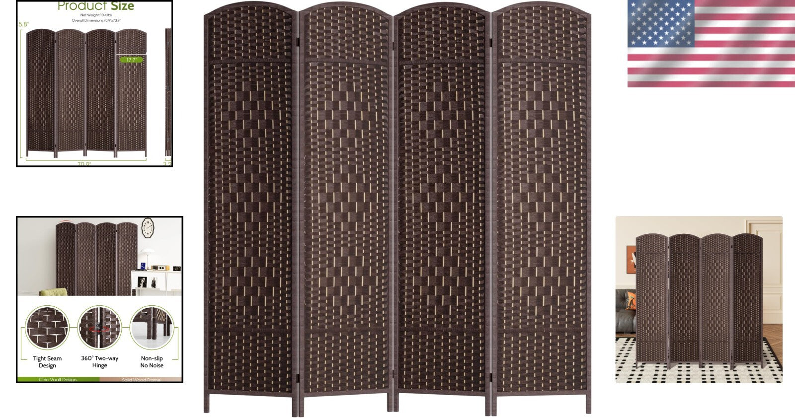 Modern 70.9" Folding Room Divider - Solid Brown Indoor Partition Screen