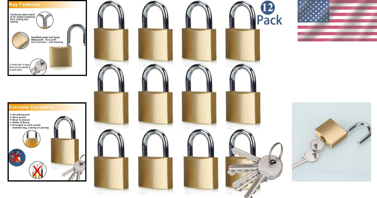 Durable Polished Brass Padlocks - Keyed Alike 12 Pack for Versatile Security