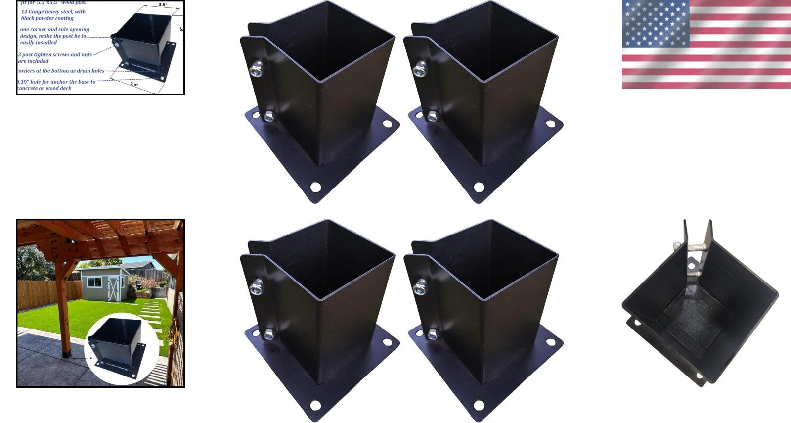 Durable Metal Deck Post Base for 5.5x5.5 Wooden Columns - Black Powder-Coated