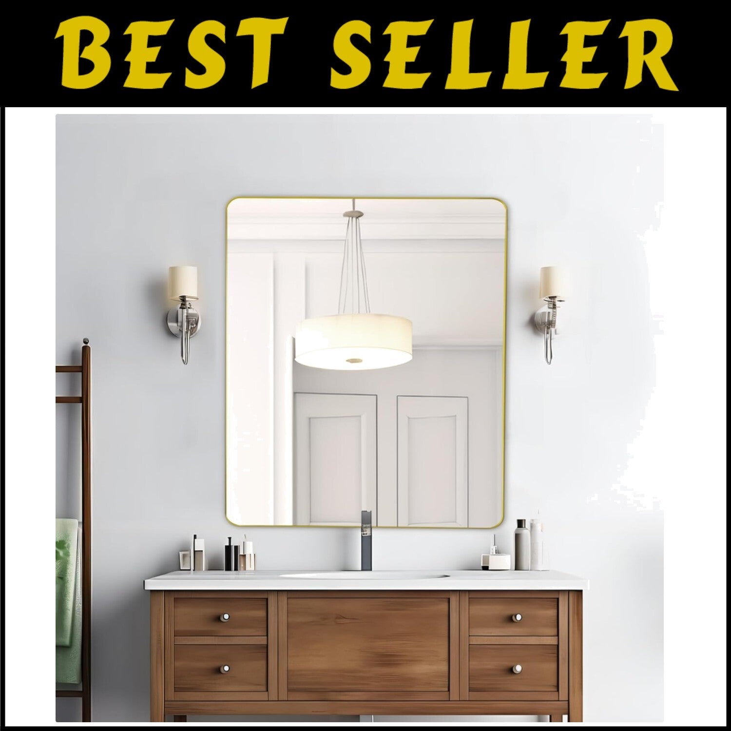 Sophisticated Gold Rectangular Mirror 36 x 30, Wall-Mounted or Leaned, Anti-Rust