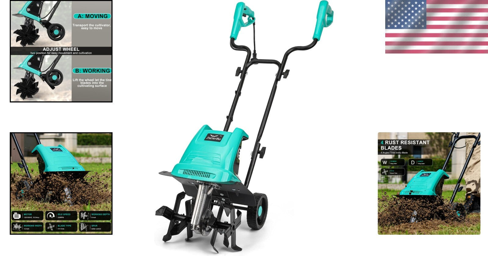 Lightweight 10.5 Amp Electric Cultivator - 12-Inch Wide & 8-Inch Deep Tilling