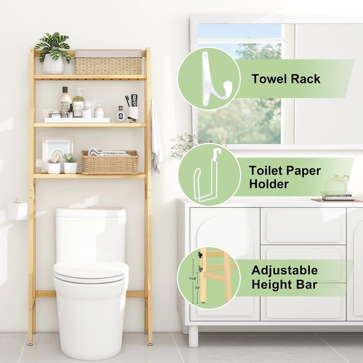 Freestanding Wooden Over-The-Toilet Rack with Adjustable Height & Durable Design