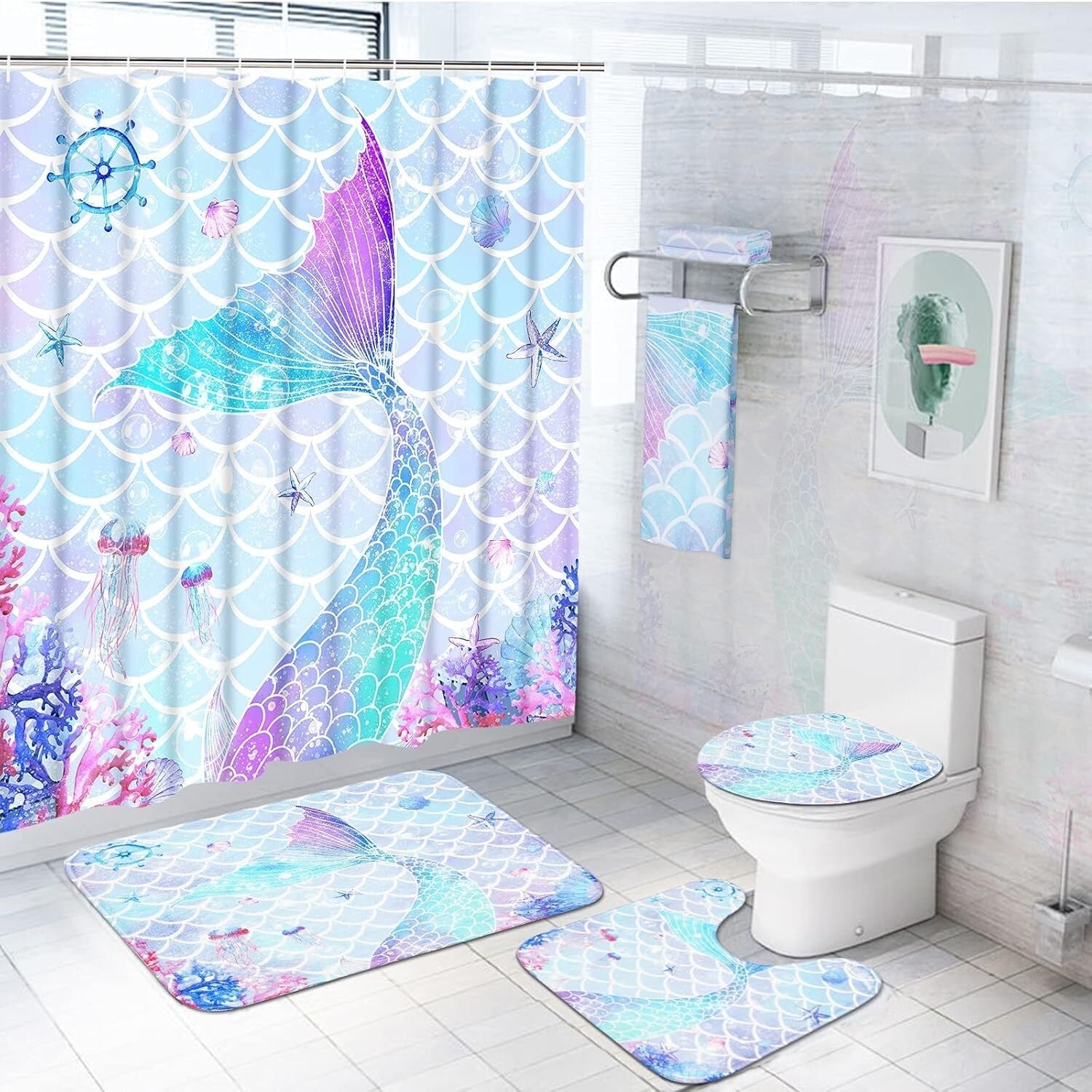 Delightful 7-Piece Mermaid Bathroom Set: Shower Curtain, Rugs & Towels Included
