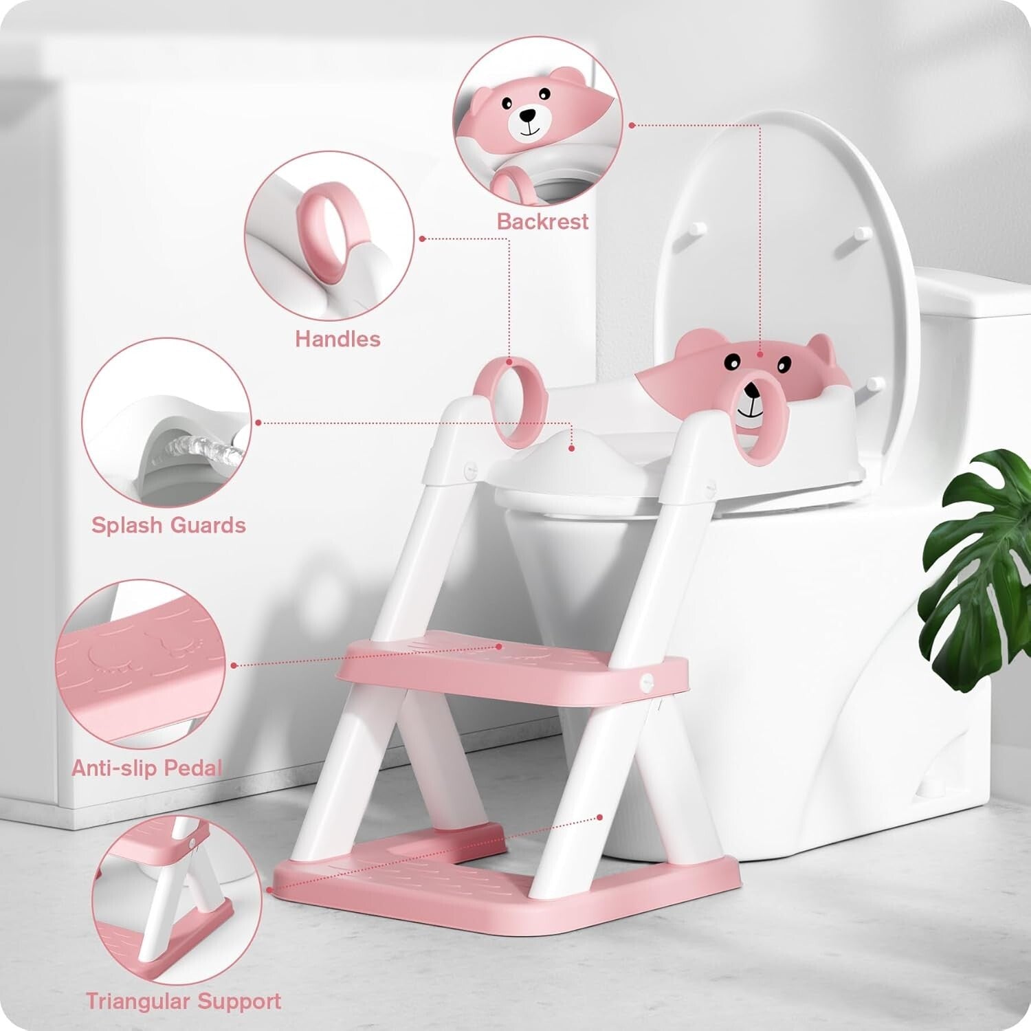 2 in 1 Pink Potty Training Seat with Adjustable Height & Anti-Slip Step Stool