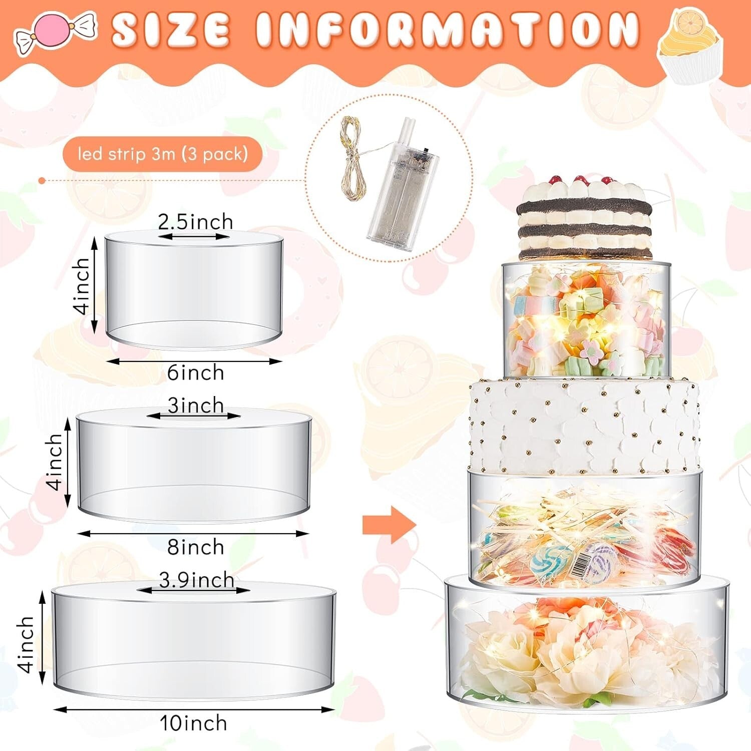 Clear Fillable Cake Riser Set with LED - 6'', 8'', 10'' for Stunning Displays