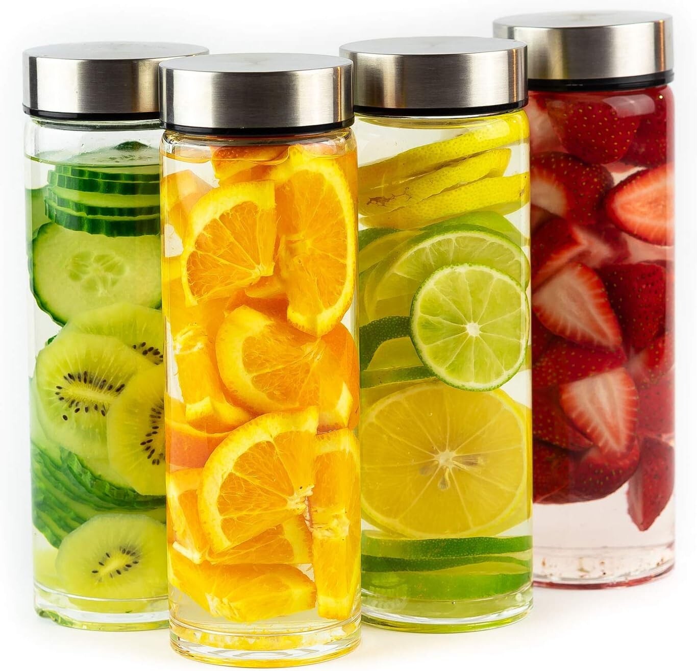 Reusable 16oz Wide Mouth Glass Bottles with Airtight Lids - 4 Pack for Juicing