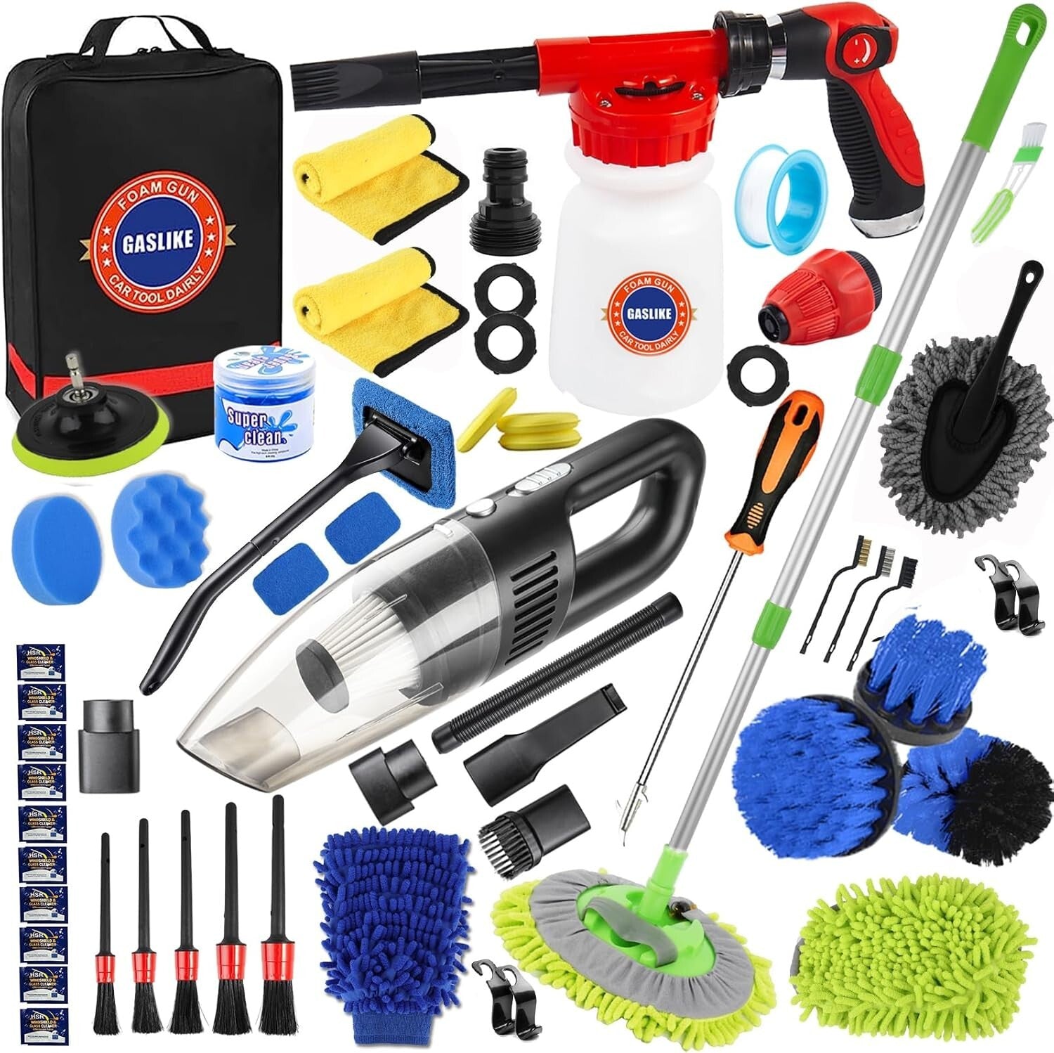 Complete 63-Piece Car Wash Set with Long Handle Brush & Powerful Vacuum Cleaner