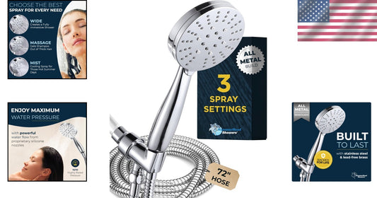 High Pressure Shower Head with Long Hose - Chrome Finish, Easy Installation