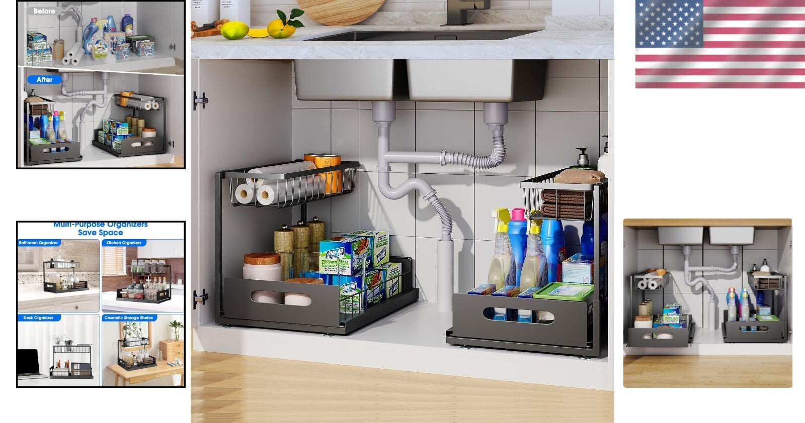 2-Pack Adjustable L-Shape Under Sink Organizer - Rust-Resistant & Multi-Purpose
