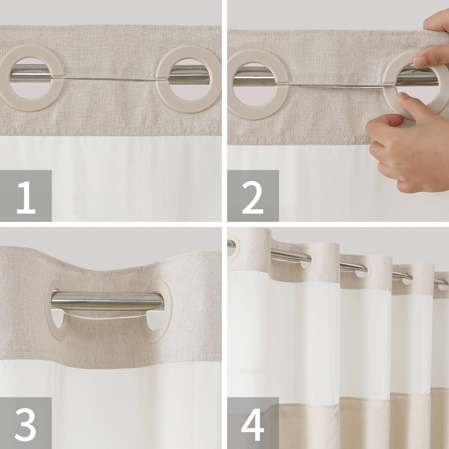 Elegant Cream Linen Shower Curtain with Snap-in Liner - 71WX86H Grommet Style