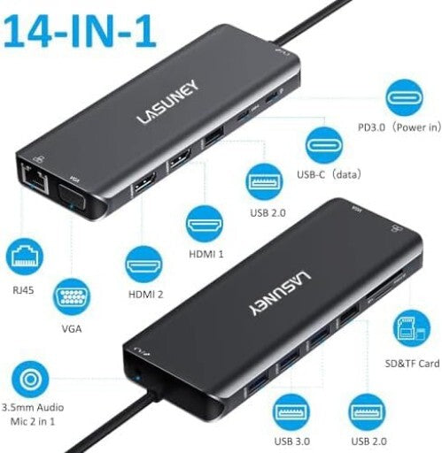 14-in-1 USB-C Laptop Docking Station - Dual HDMI, VGA, Gigabit Ethernet, Black