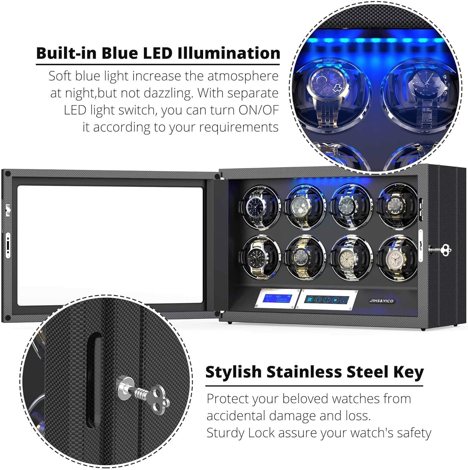 Elegant Watch Winder with 8 Adjustable Pillows & Built-in LED Light - Gift Ready