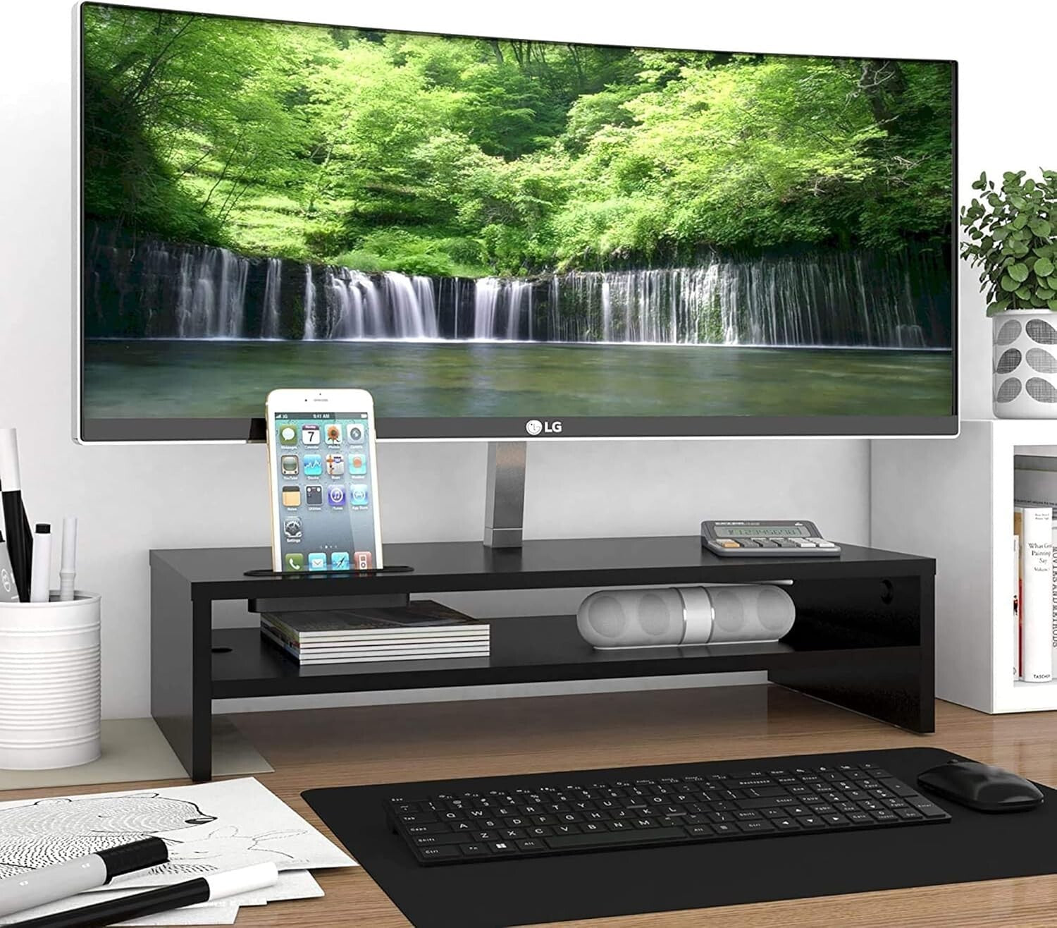 Ergonomic Black Monitor Stand Riser & 2-Tier Organizer with Cellphone Holder