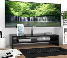 Load image into Gallery viewer, Ergonomic Black Monitor Stand Riser &amp; 2-Tier Organizer with Cellphone Holder