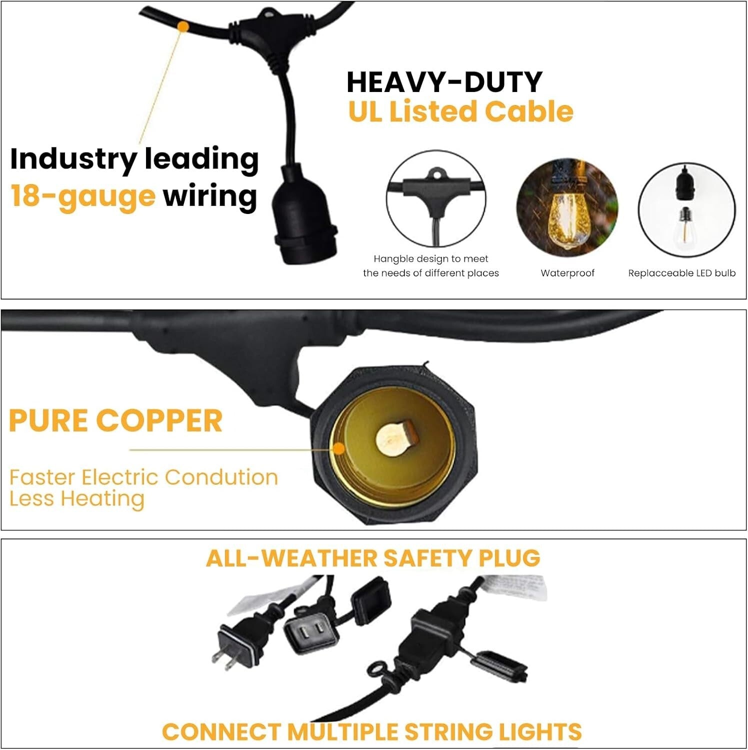 Commercial Grade 48 FT Patio Lights with 15 Shatterproof Edison Bulbs - Dimmable