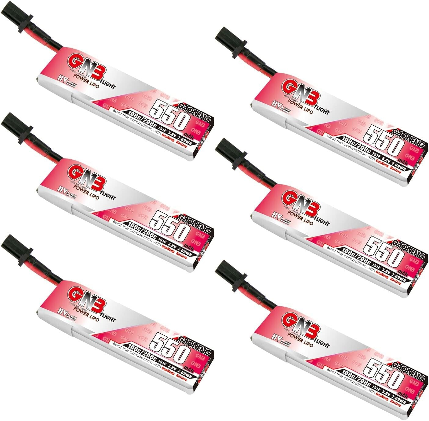 GNB 1S LiPo 6-Piece Set, 550mAh 3.8V Batteries for Racing Drones with Connectors