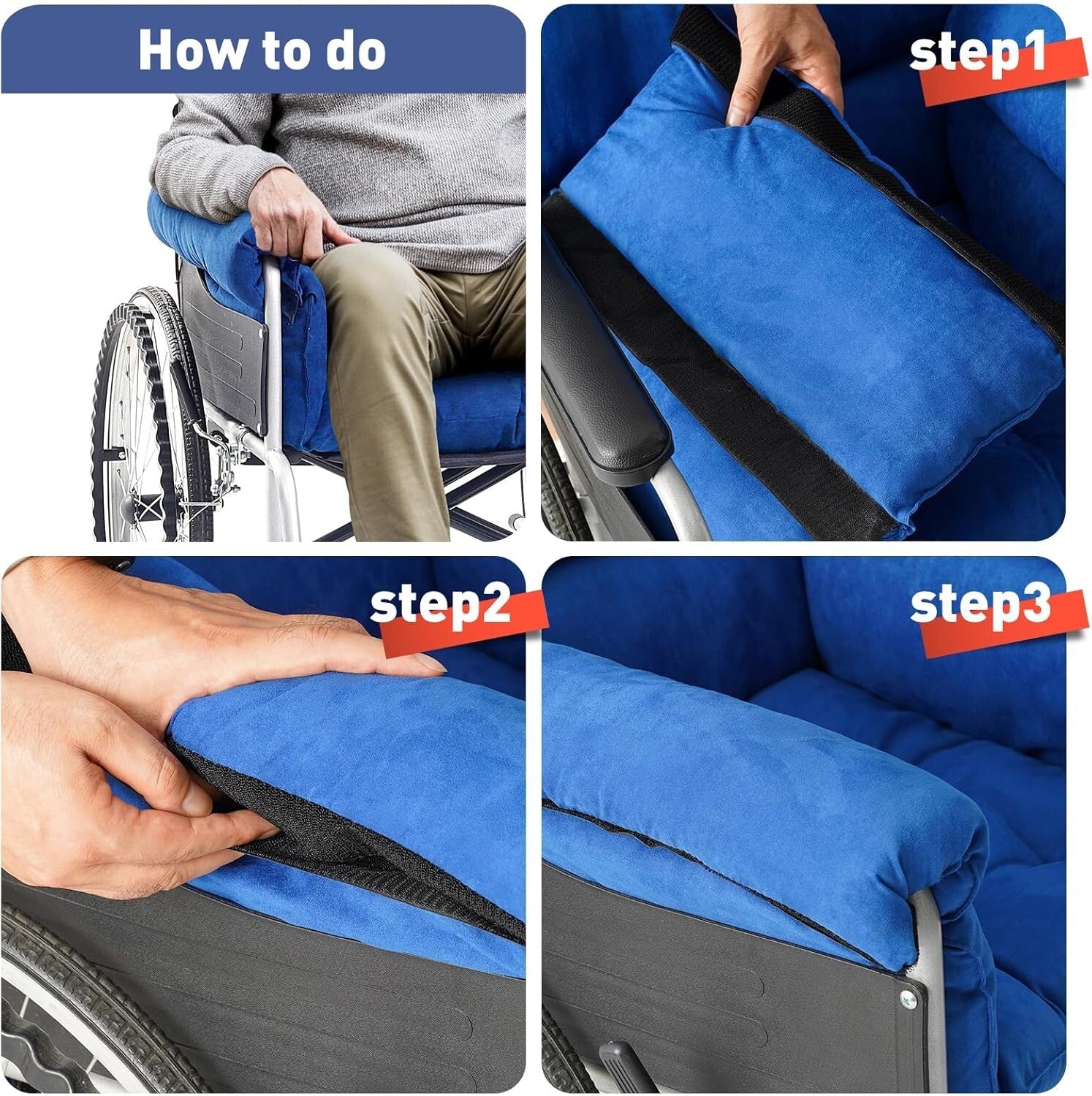 Non-Slip Wheelchair Cushion & Armrests, Ideal for Seniors' Comfort - Blue