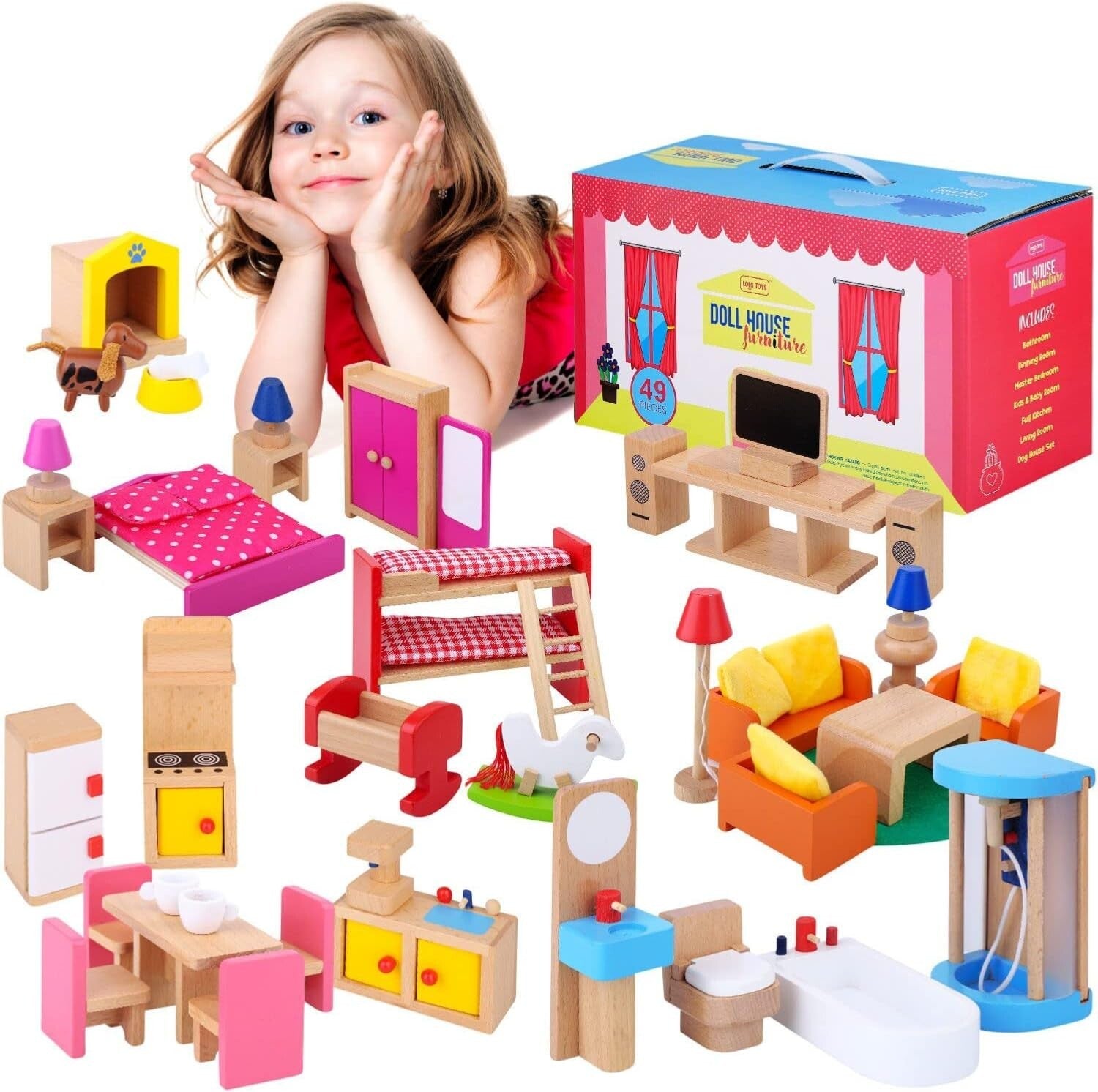 Wooden Dollhouse Furniture Set – 49PCS, 7 Rooms for Kids’ Creative Adventures