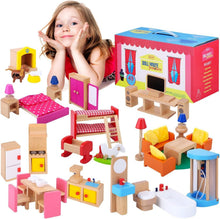 Load image into Gallery viewer, Wooden Dollhouse Furniture Set – 49PCS, 7 Rooms for Kids’ Creative Adventures