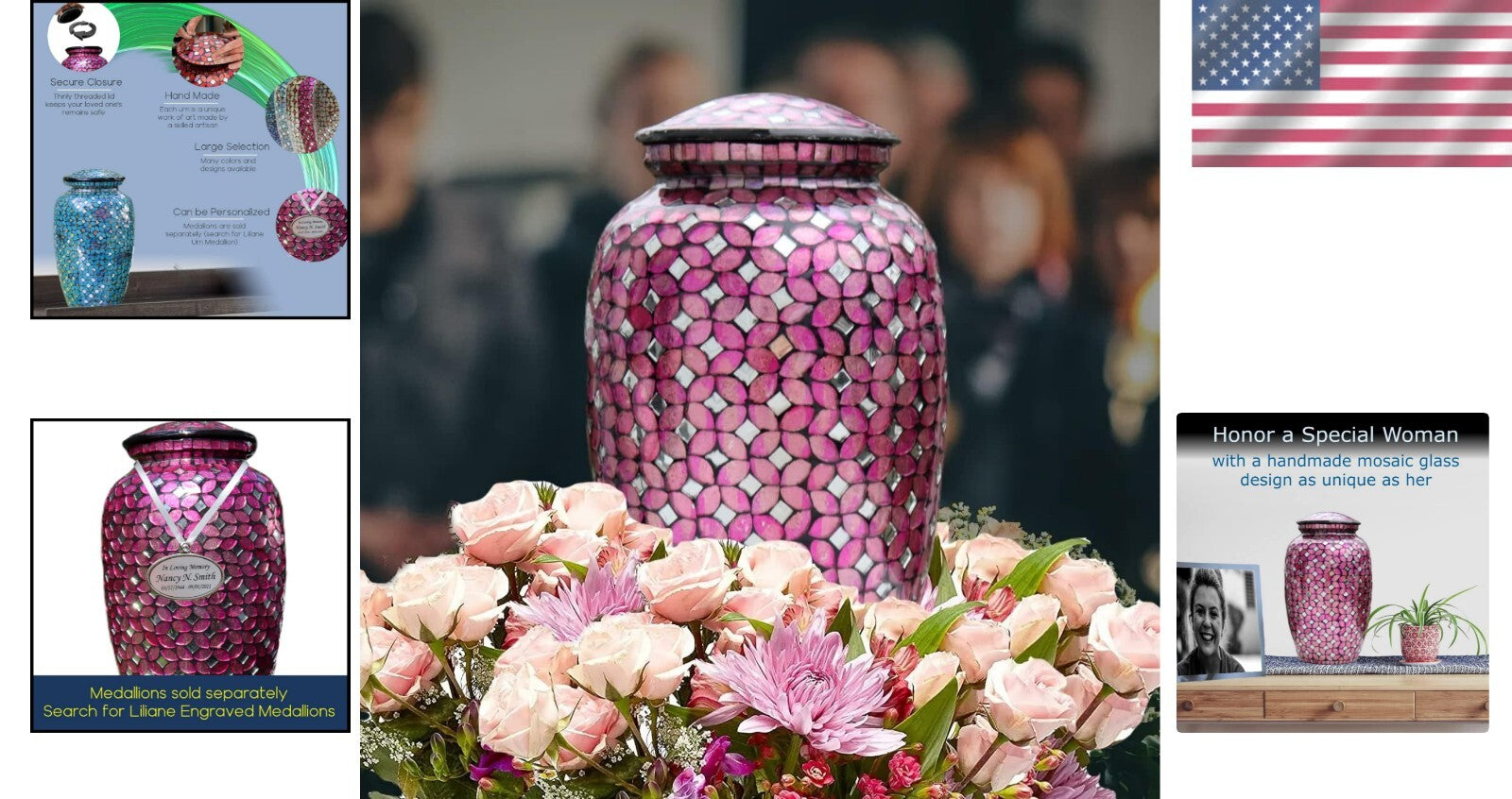 Elegant 200 Cu In Deep Pink Mosaic Glass Urn - Handcrafted Memorial for Ashes
