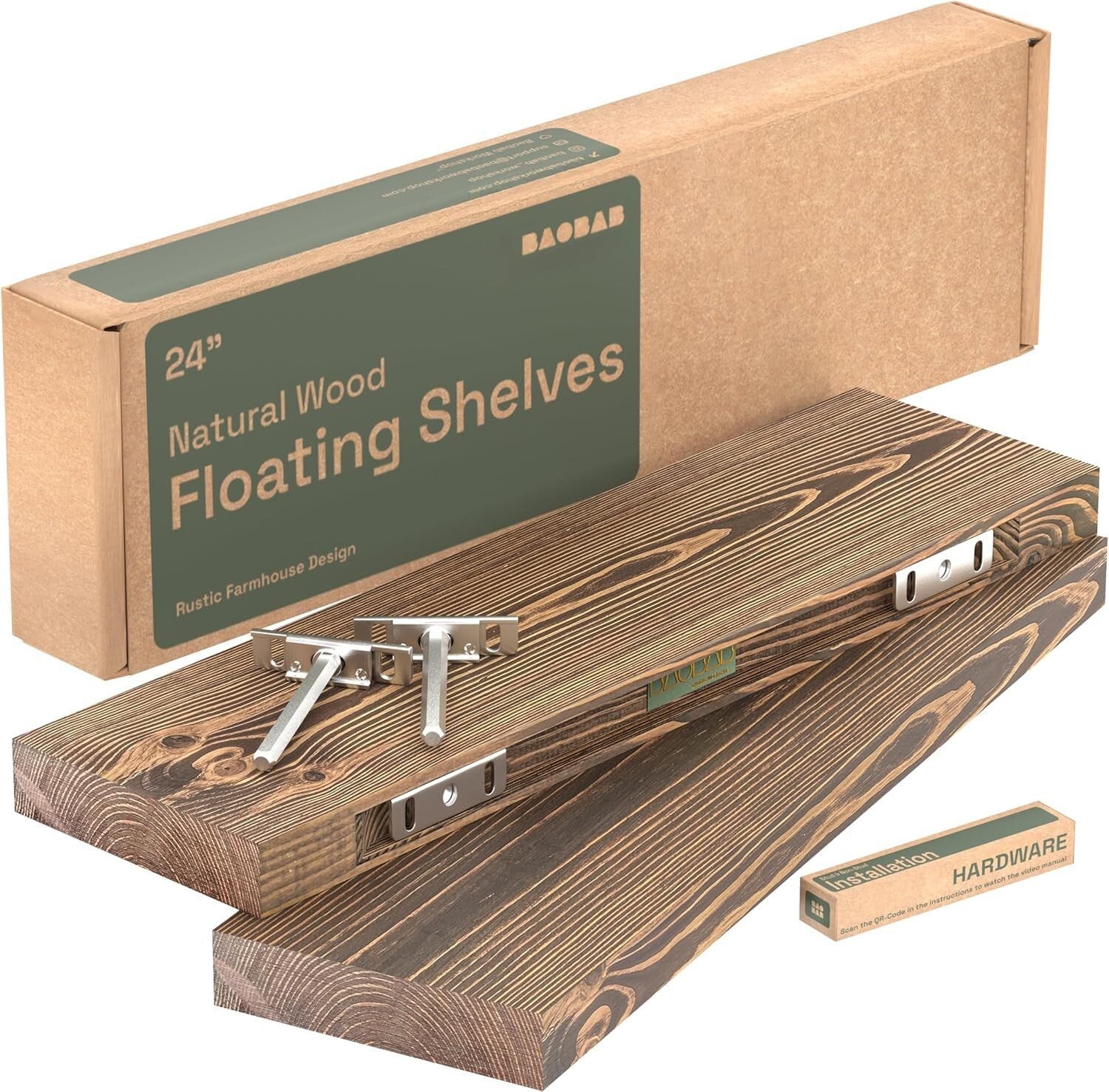 Elegant 24" Floating Shelves - Rustic Solid Wood for Kitchen and Living Room