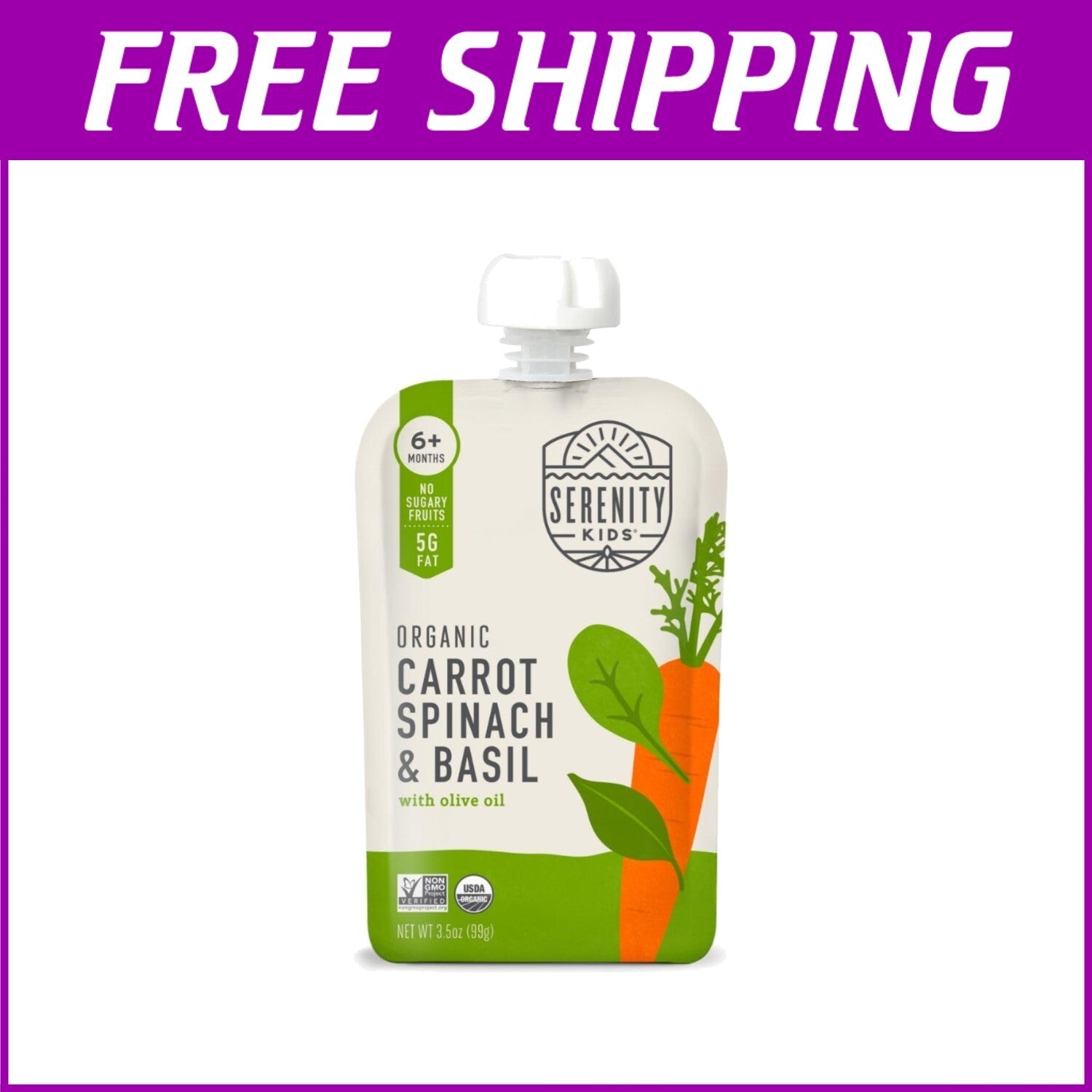 BPA-Free Organic Baby Food Pouches - 3.5 Oz Puree with Carrot, Spinach & Basil