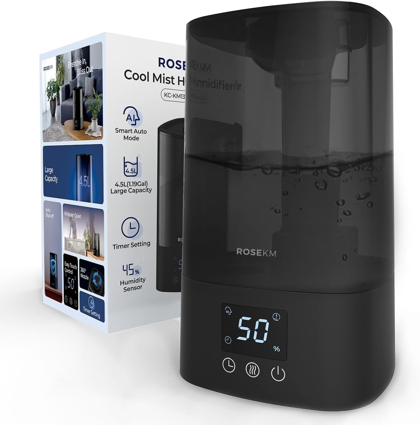 Silent Operation Humidifier with Built-In Humidity Sensor - 430 sq ft Coverage