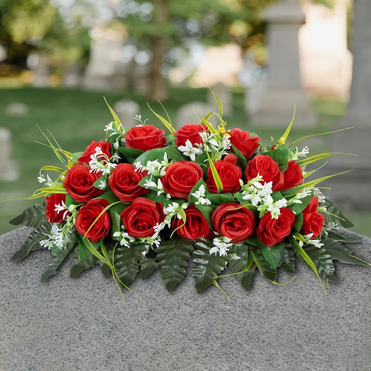 Elegant Red Silk Roses Cemetery Headstone Flower Saddle - All-Weather Decor