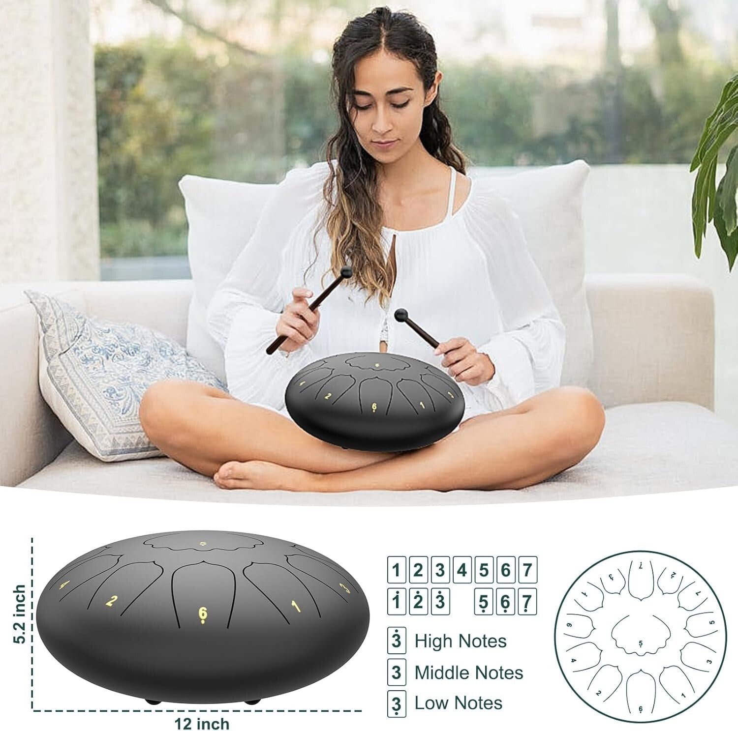 13 Note Steel Drum 12" - Musical Experience for All Ages with Mallets Included