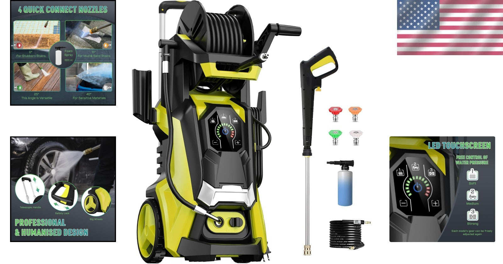 Portable Electric Pressure Washer 5000 PSI with Telescopic Handle & 4 Nozzles