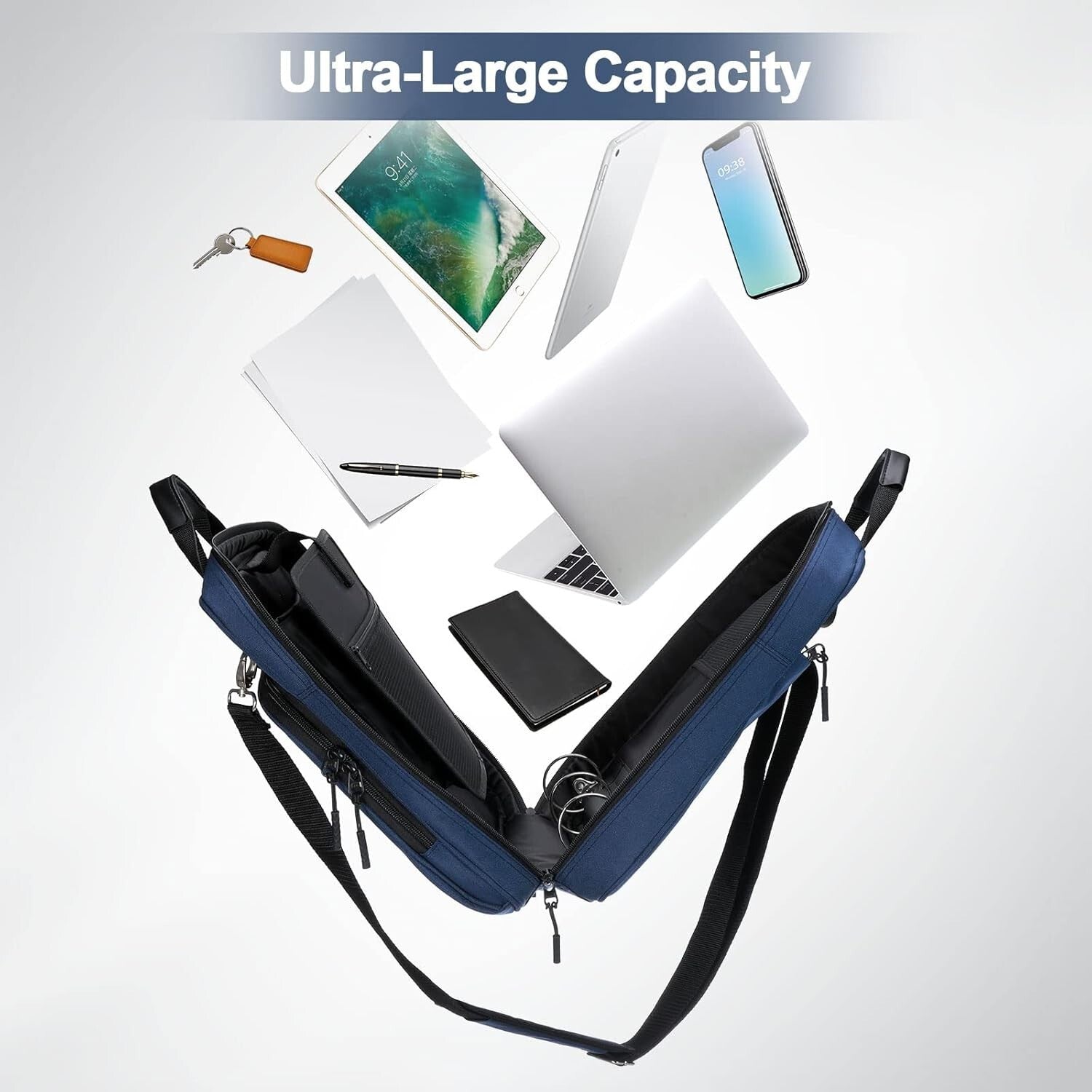 Dark Blue 3-Ring Zipper Binder with Multiple Pockets & Comfortable Strap