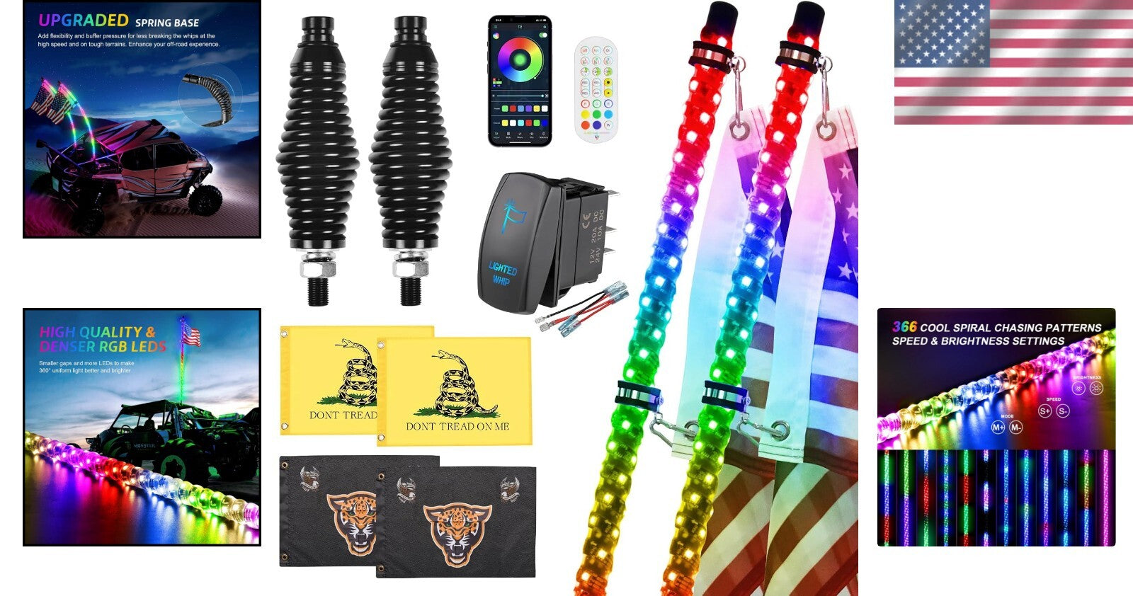 Customizable RGB 4FT Whip Lights with Remote Control for Off-Road Adventures