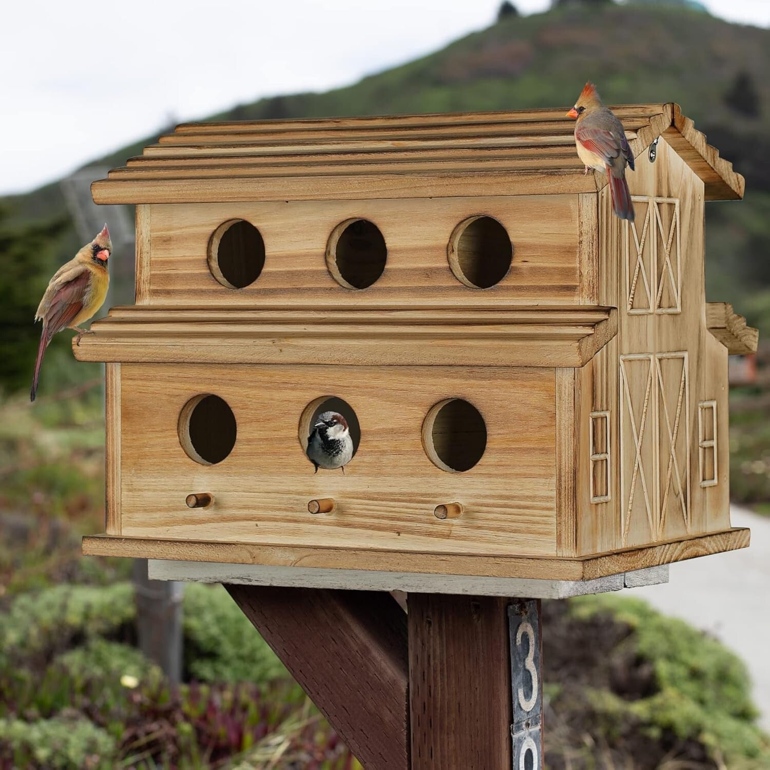 Traditional Wooden Bird House for 6 Families - Perfect for Bluebirds & Finches