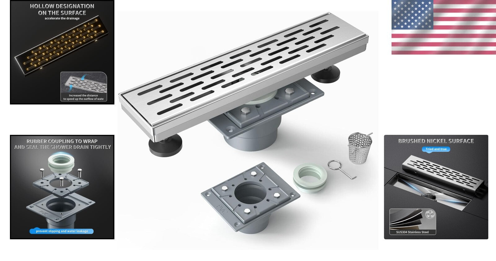 304 Stainless Steel Square Shower Drain: 12-Inch Drainage with Hair Strainer