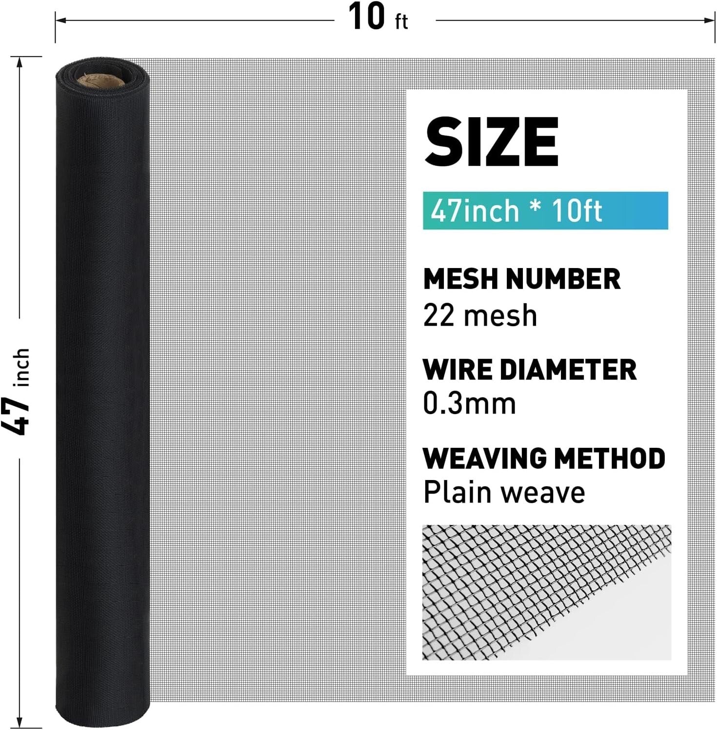 Customizable 22 Mesh Metal Window Screen Roll - 47IN x 10FT, Black Finish