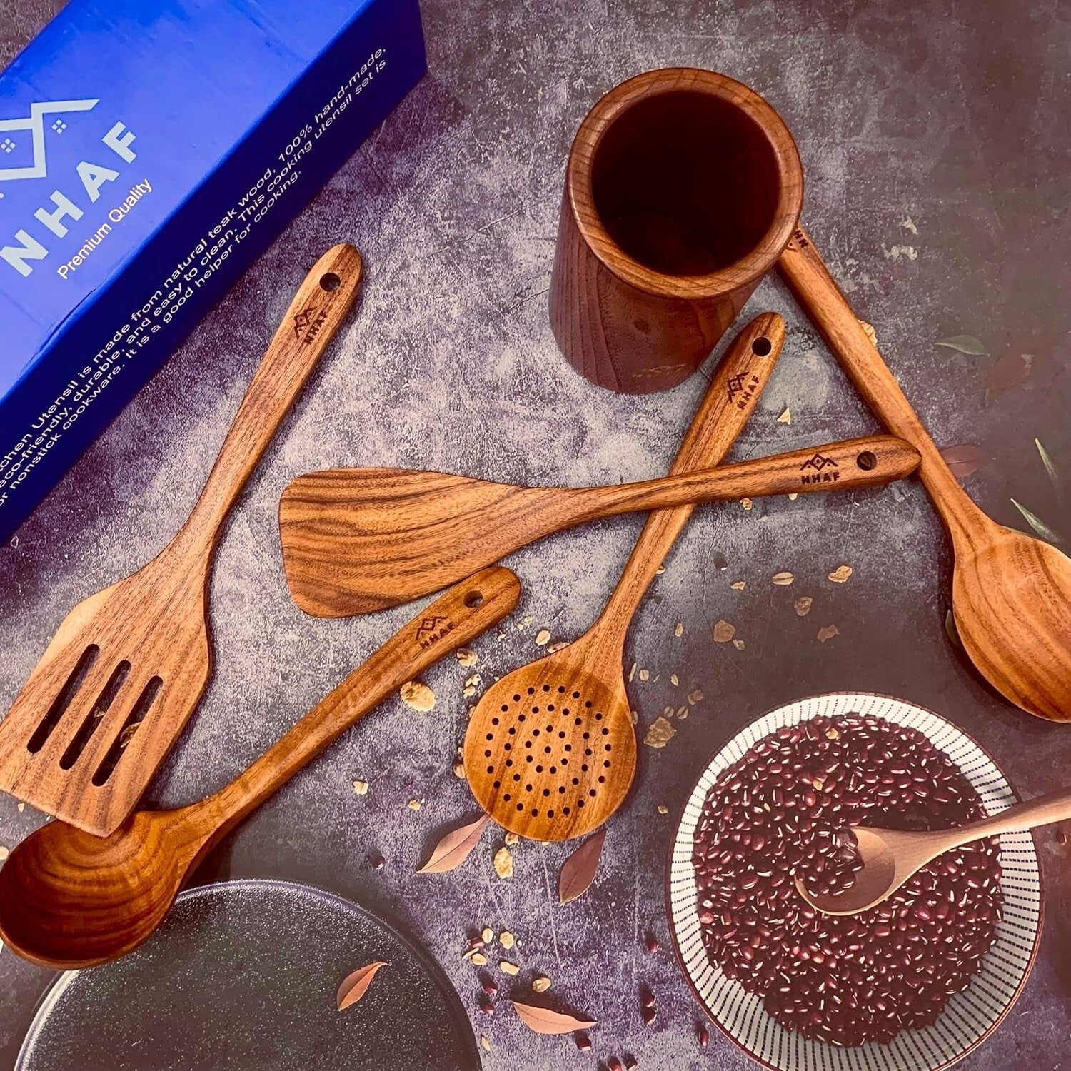 Ergonomic Teak Cooking Utensils Set - Durable Kitchen Essentials with Gift Bag