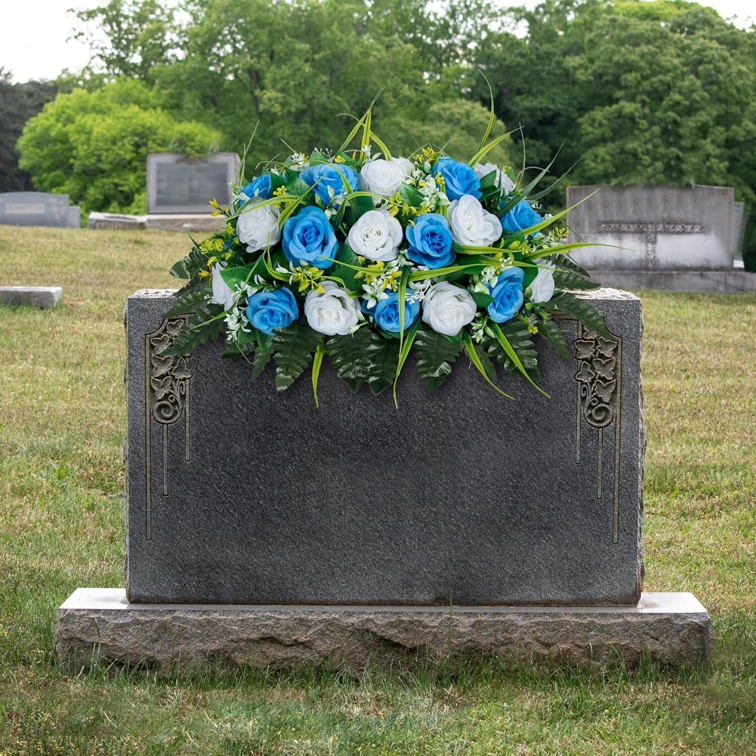 Elegant Artificial Cemetery Flowers Saddle - Light Blue & White Rose Decor