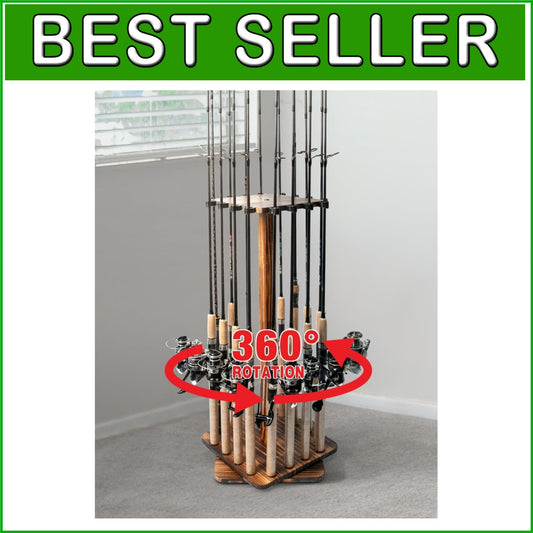 Solid Wood Fishing Rod Holder - 16-Rod Capacity with 360-Degree Rotation