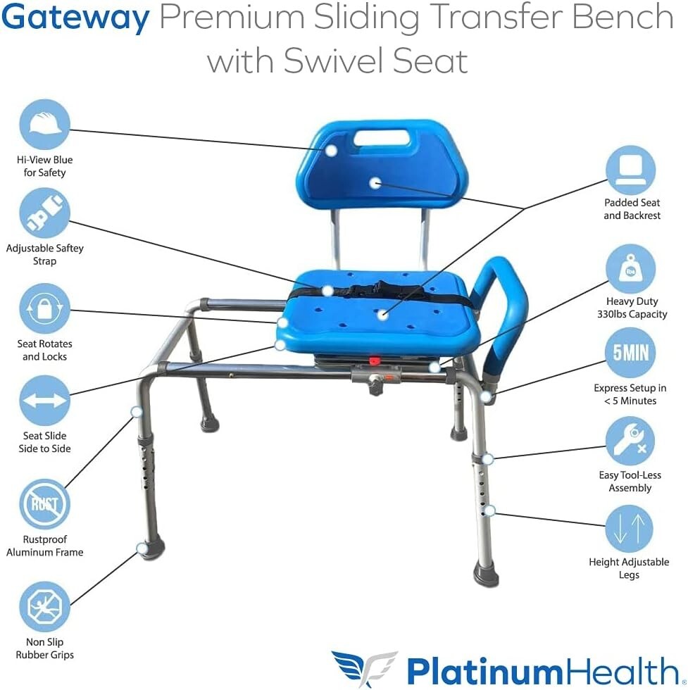 Premium Padded Blue Sliding Bath Transfer Bench with Swivel Seat & Safety Handle