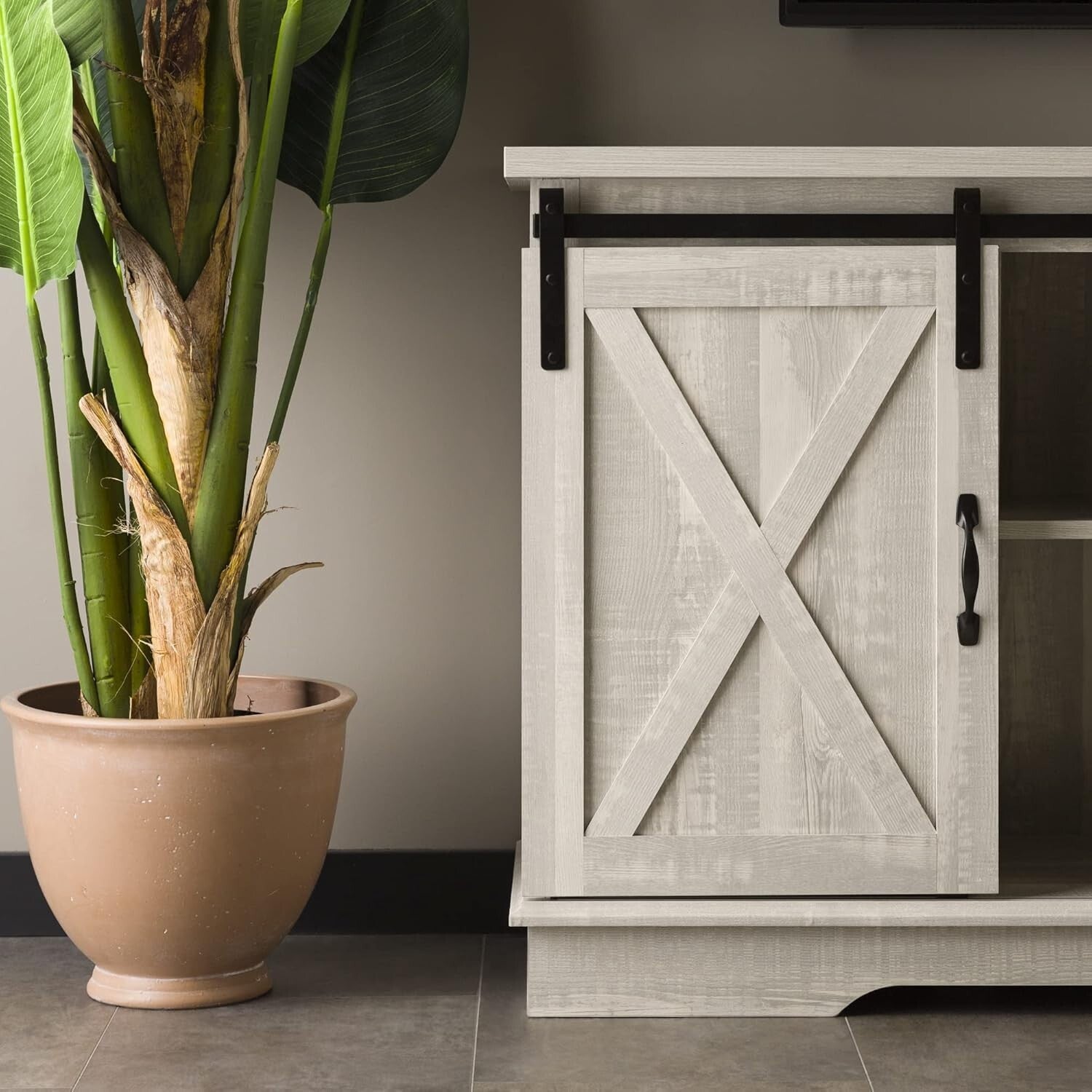 Charming 58-Inch Stone Grey TV Stand with Sliding Doors and 3 Adjustable Shelves