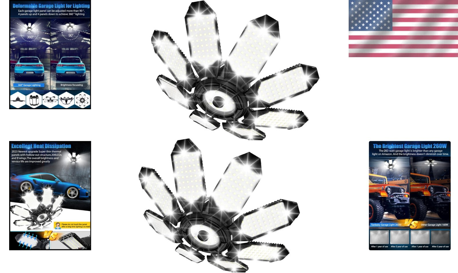 Dual Pack 260W Deformable LED Garage Light 52000LM for Adjustable Brightness