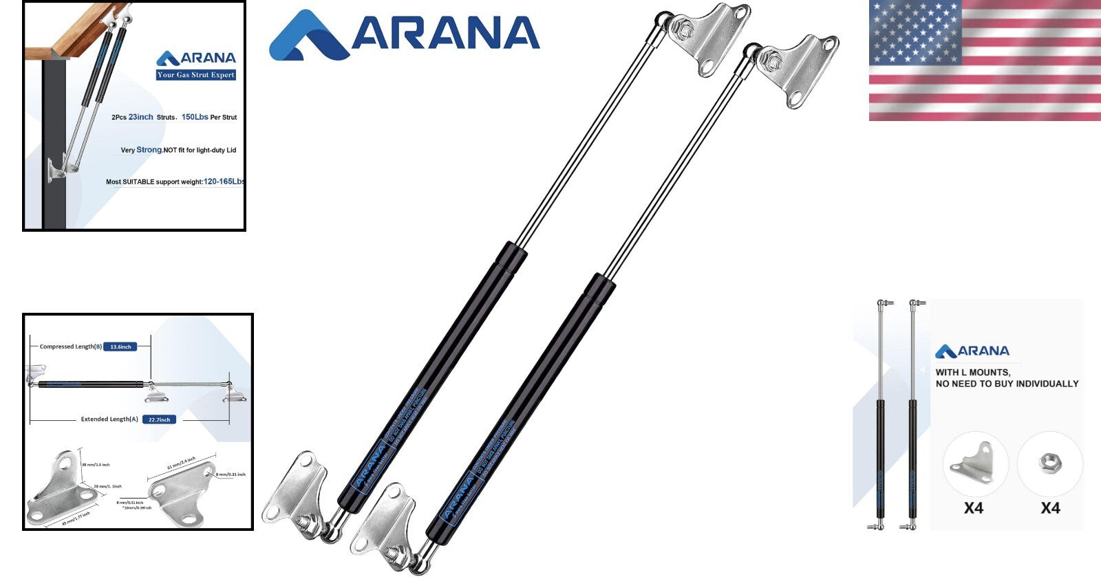 Effortless 150 LB Gas Strut Shock with Brackets for RV & Boat Hatch Installation