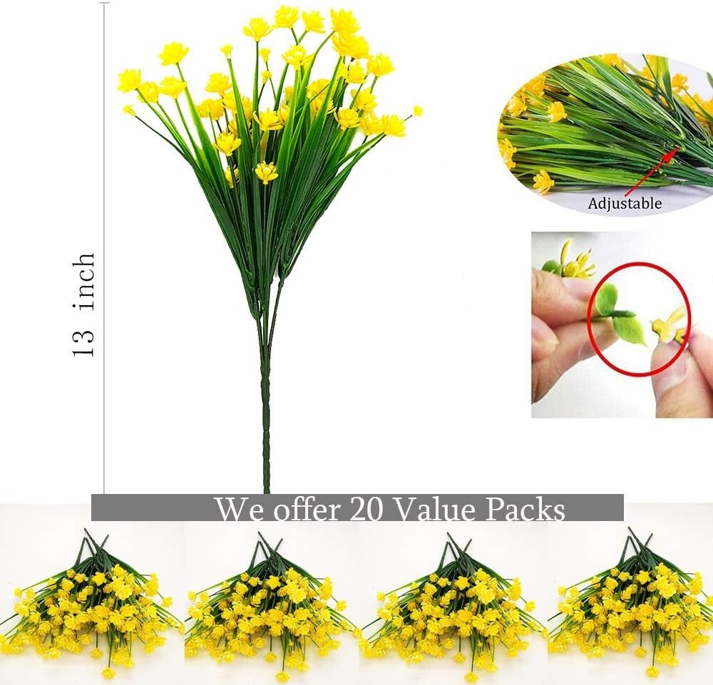 20 Bundles of UV Resistant Yellow Artificial Flowers for Outdoor Decoration