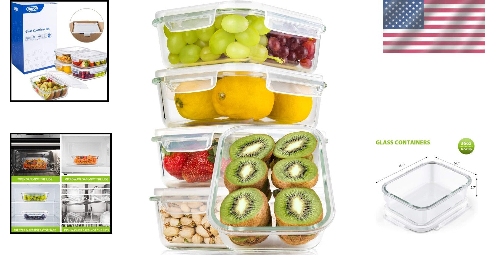 Durable 36oz Airtight Glass Containers - 5 Set | Perfect for Meal Prep & Storage