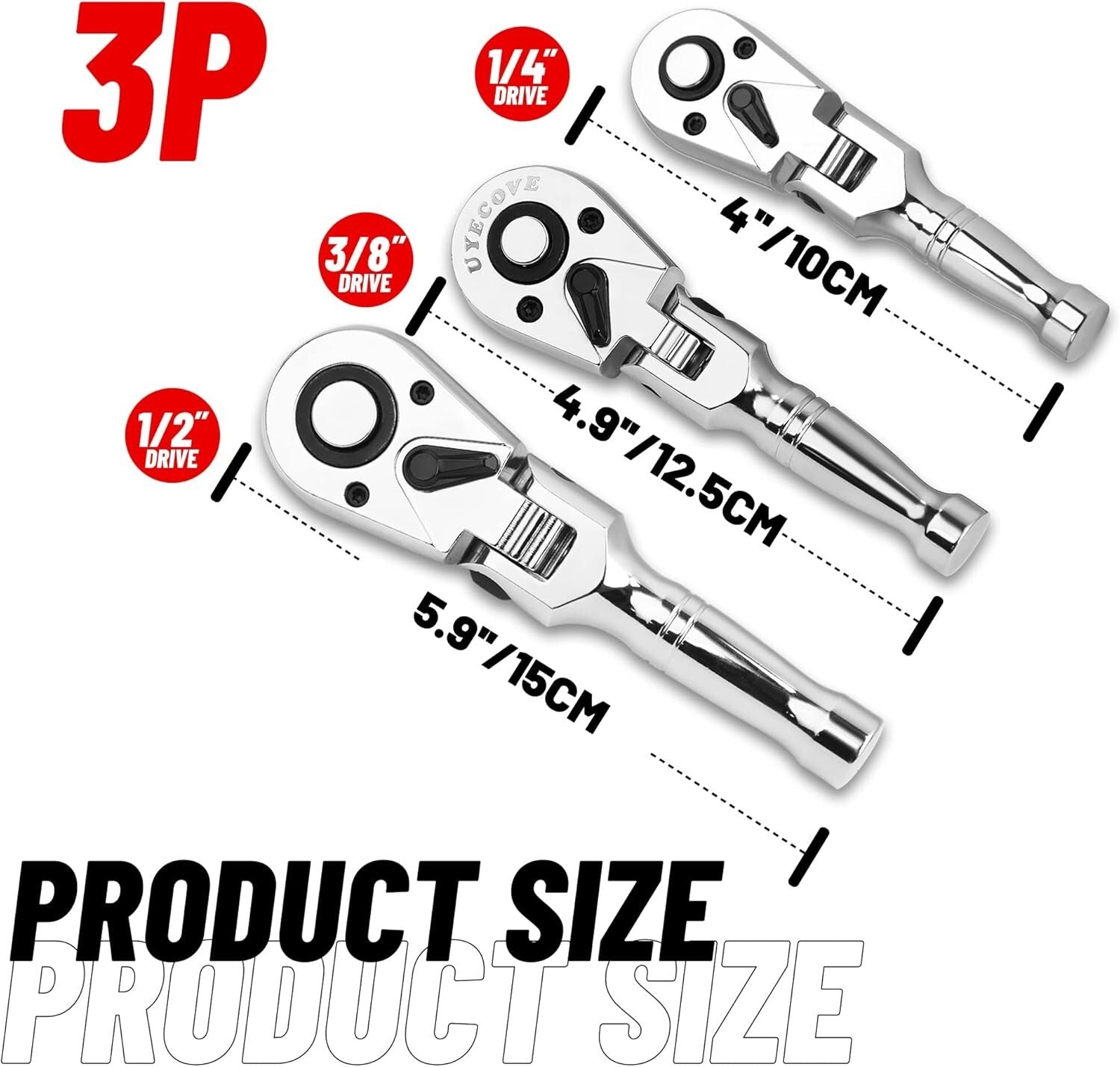 Flexible Head Stubby Ratchet Set - 1/2, 3/8, and 1/4 Inch Drive Wrenches